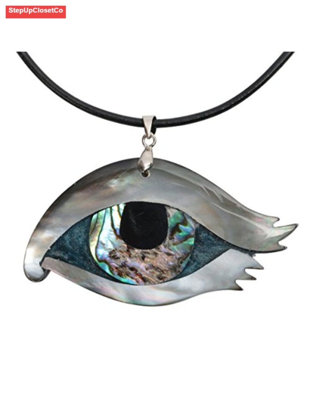 Abalone Shell Pendant Necklace 925 Sterling Silver White Gold Plated Leather - Picture 1 of 6